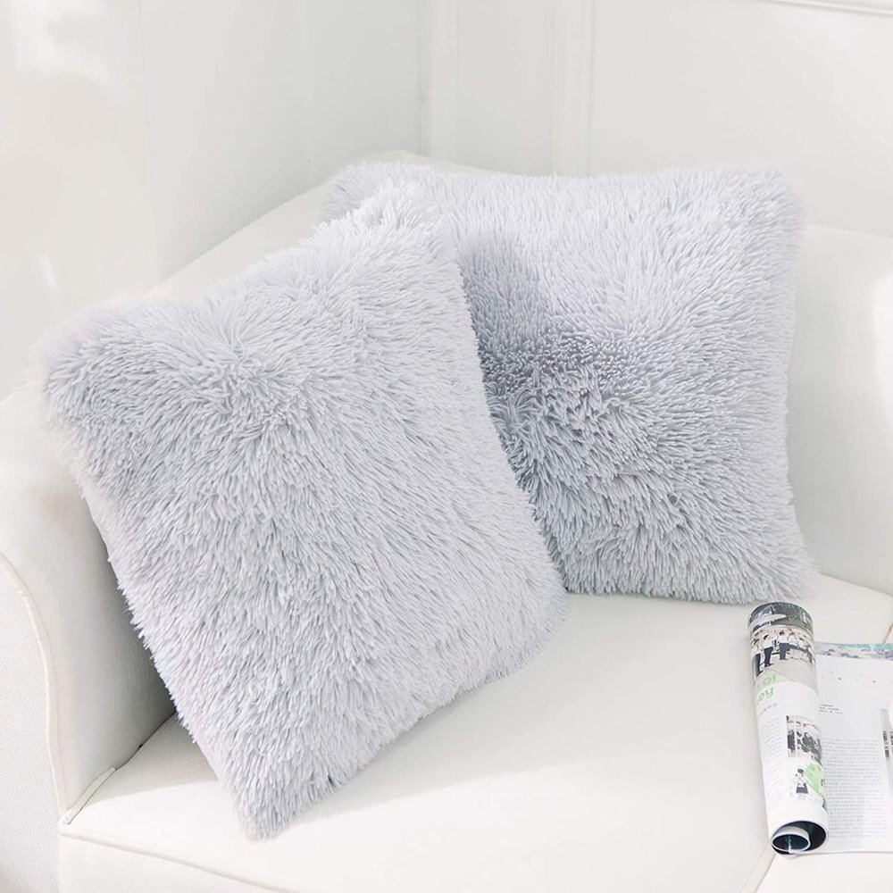 Gray Luxury Furry Farmhouse Adorable Trendy Pompom Throw Pillow Decor Cover Set